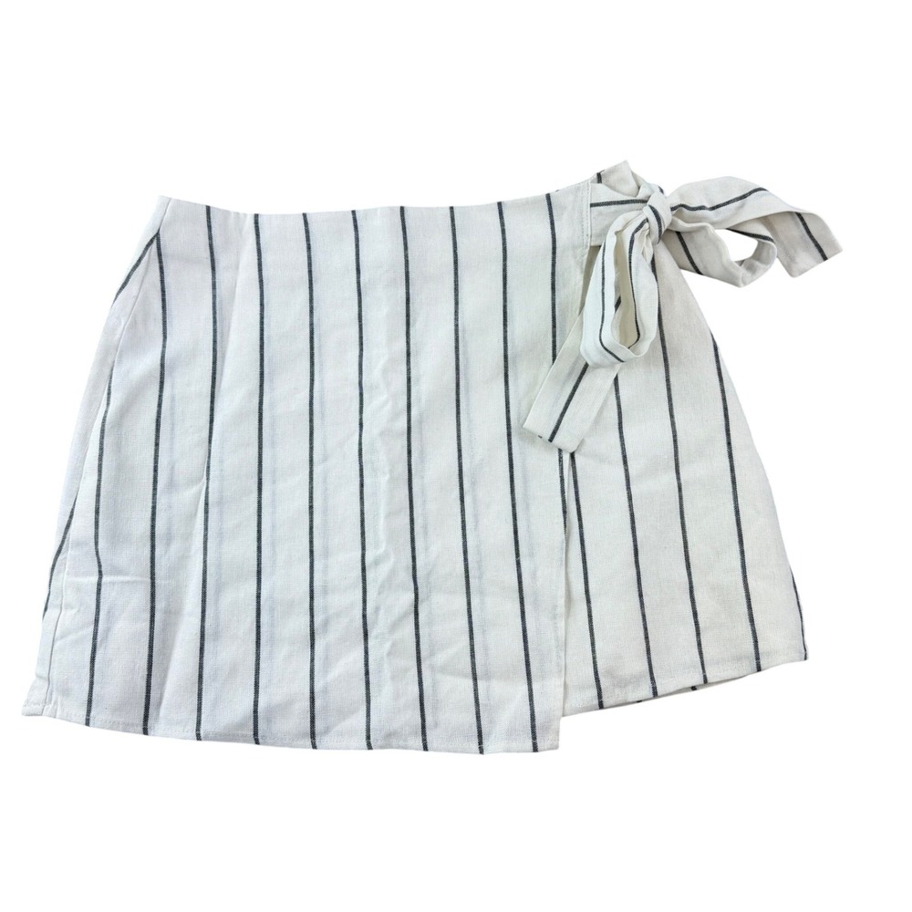 Coastal Stripe Faux Wrap Mini Skirt Womens M‎ Tie Side Linen Look Cottagecore